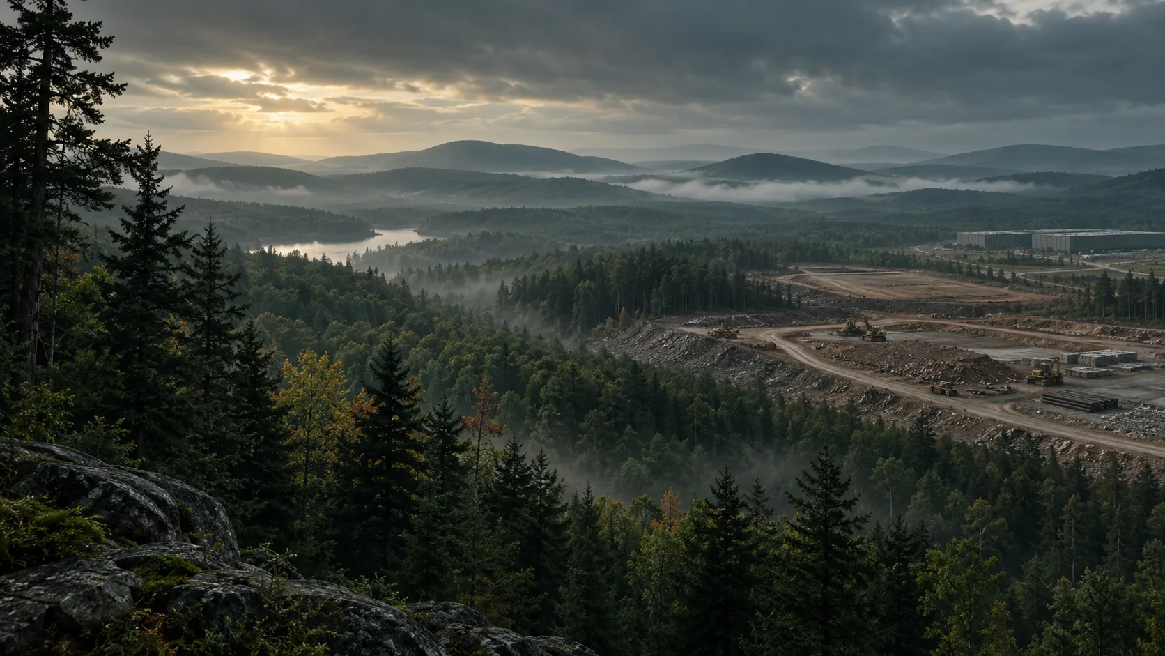 Illustration: data center construction clearing forest above a Pocono valley