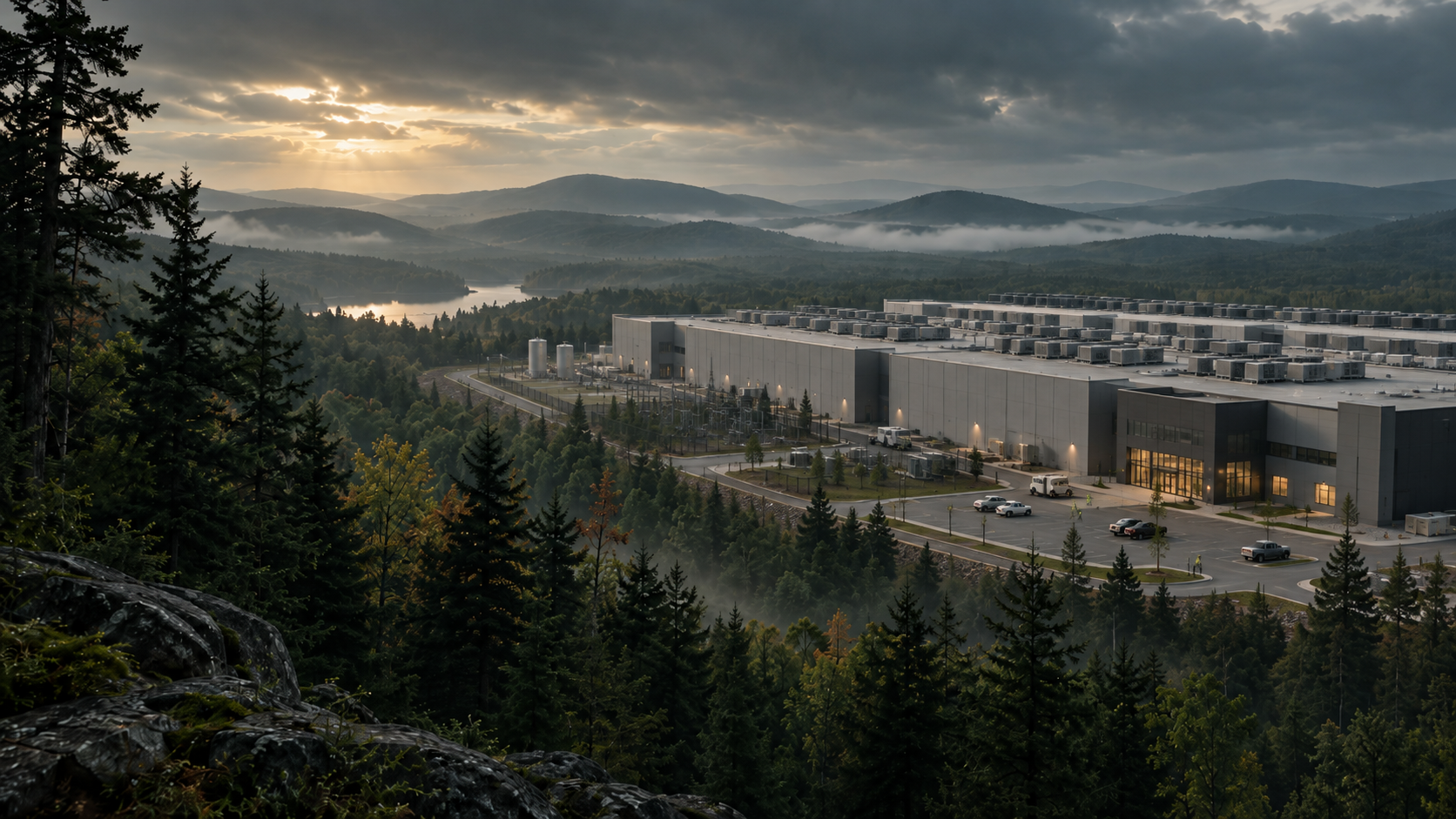 Illustration: a sprawling data center campus with a near-empty parking lot
