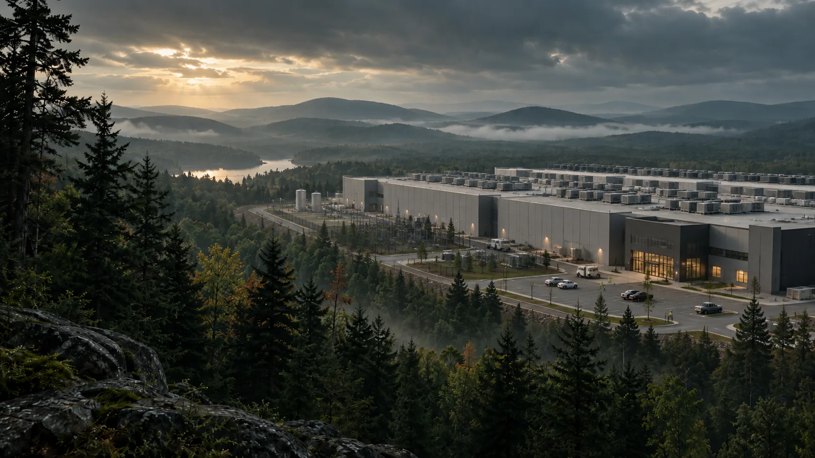 Illustration: a sprawling data center campus with a near-empty parking lot