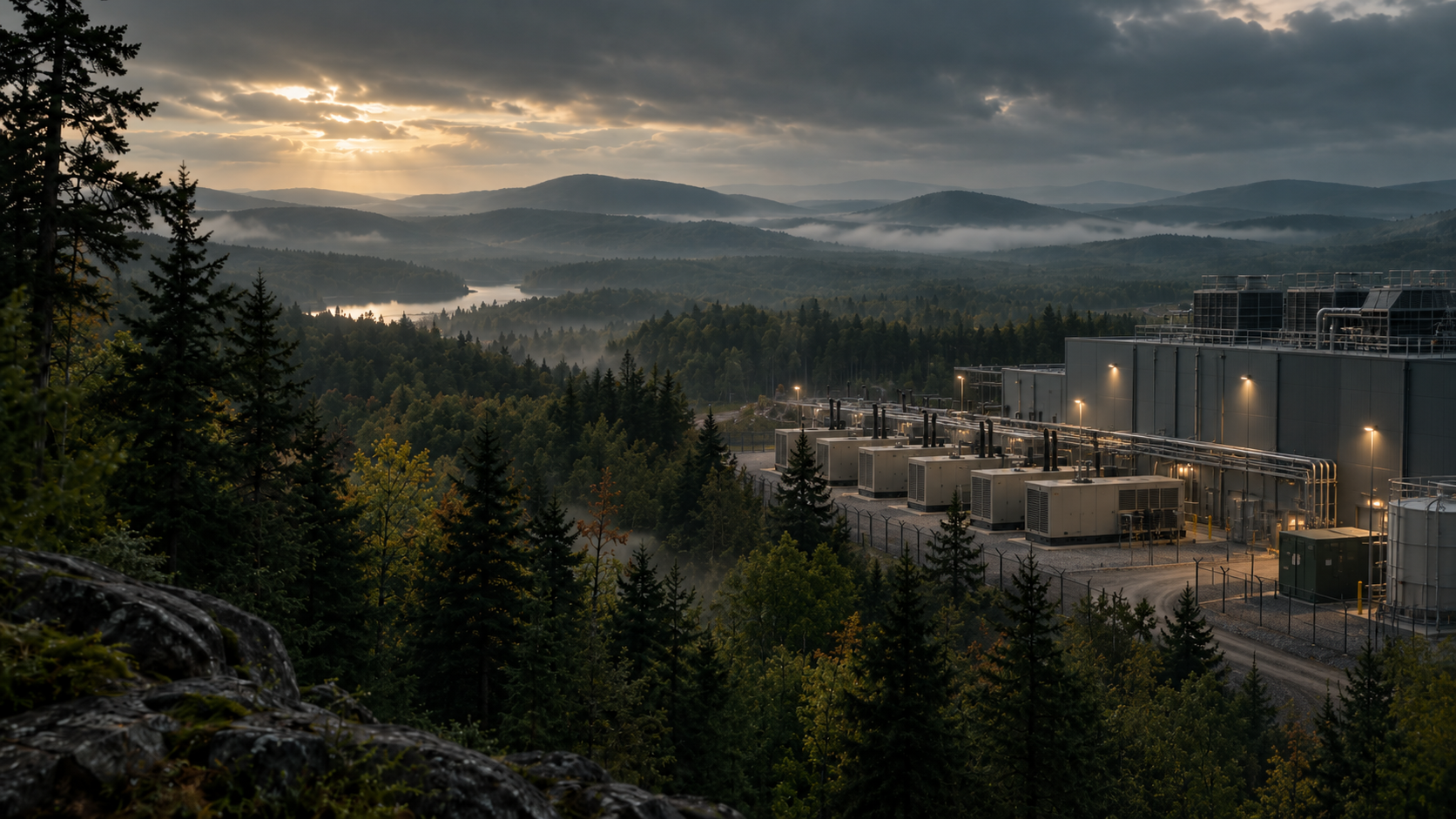 Illustration: row of backup generators beside a data center at dusk