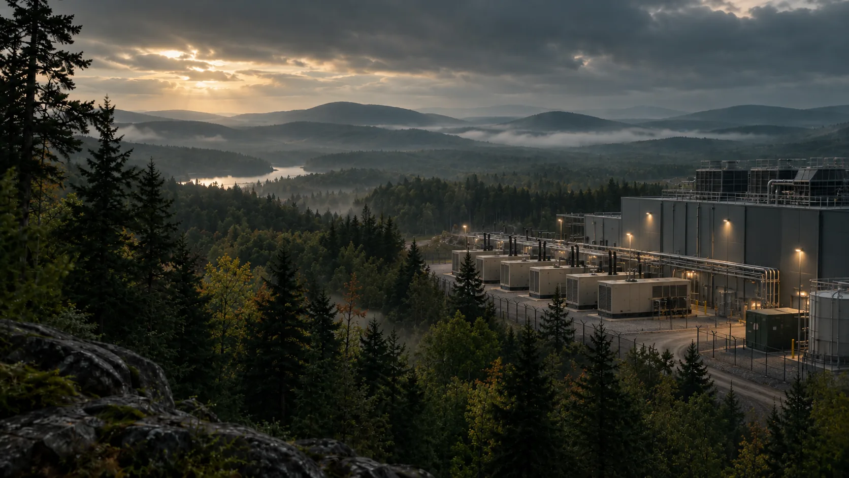 Illustration: row of backup generators beside a data center at dusk