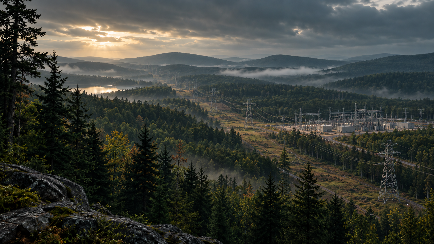 Illustration: transmission lines and a substation cutting through forest