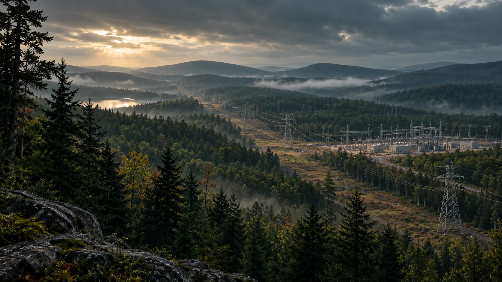 Illustration: transmission lines and a substation cutting through forest